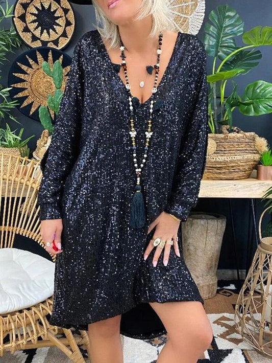 Natalie Robe De Soirée Femme – Robe Ample À Paillettes Avec Manches Longues Pour Soirées Élégantes